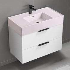 Floating Bathroom Vanity, Modern, 32 inch, Pink Ceramic Sink